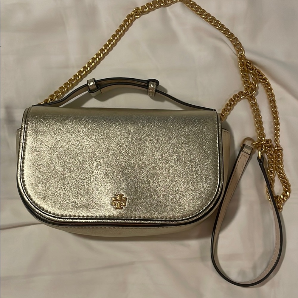 Tory Burch Emerson Metallic Gold Clutch with Elegant Chain